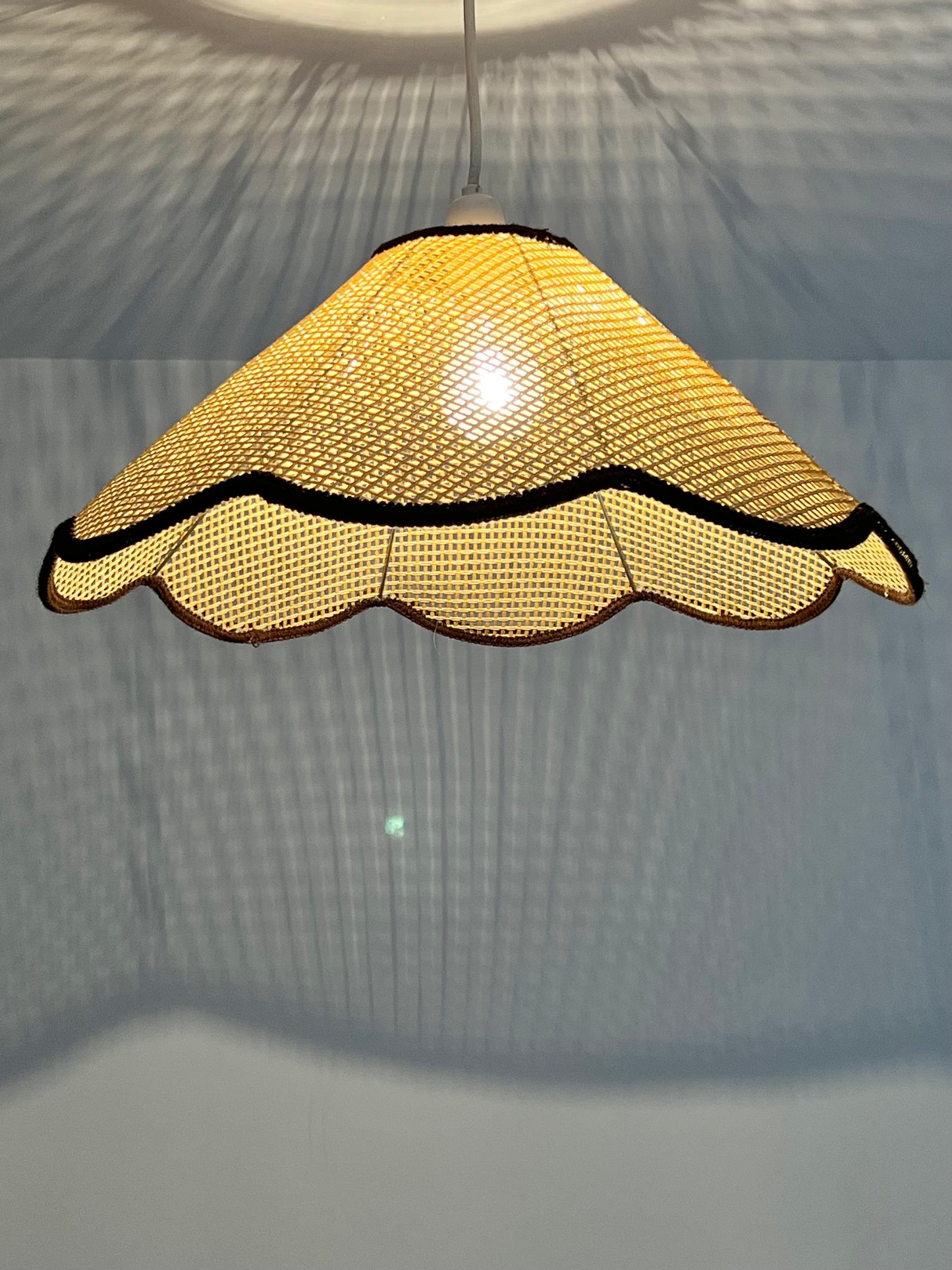 Vintage Mid Century XL Rattan Scalloped Pendant Lampshade