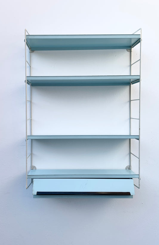 Mid Century Pale Blue Tomado Pocket Shelving Unit with Drawer