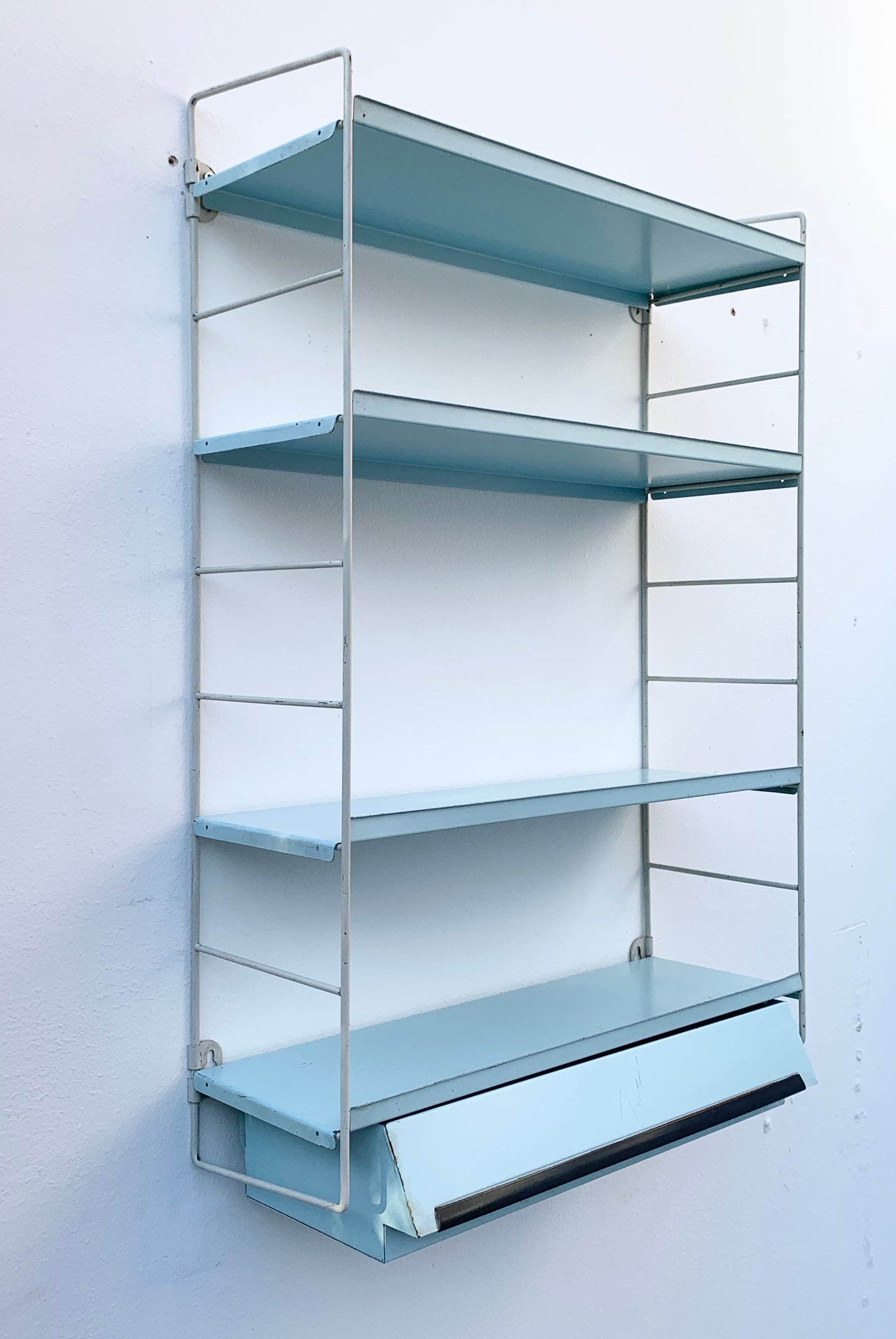 Mid Century Pale Blue Tomado Pocket Shelving Unit with Drawer