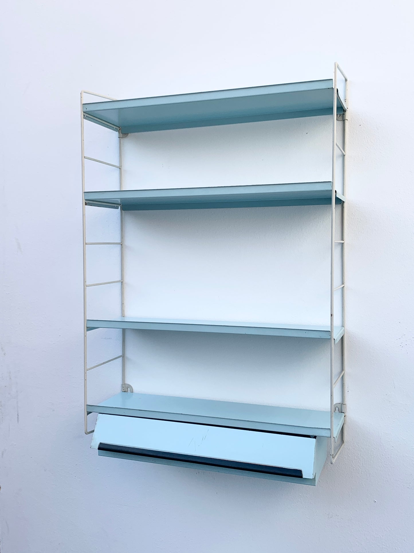 Mid Century Pale Blue Tomado Pocket Shelving Unit with Drawer