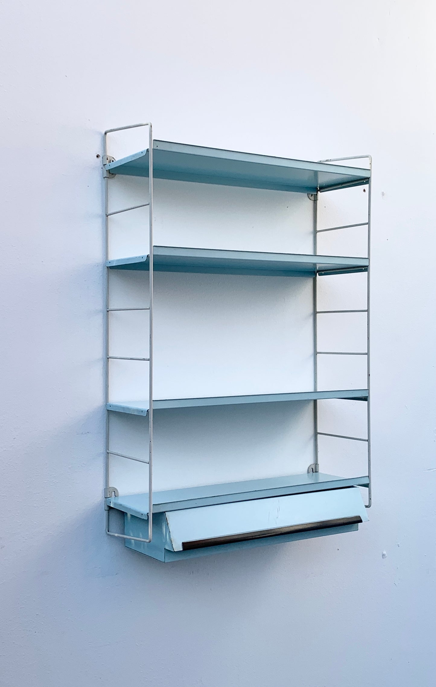 Mid Century Pale Blue Tomado Pocket Shelving Unit with Drawer
