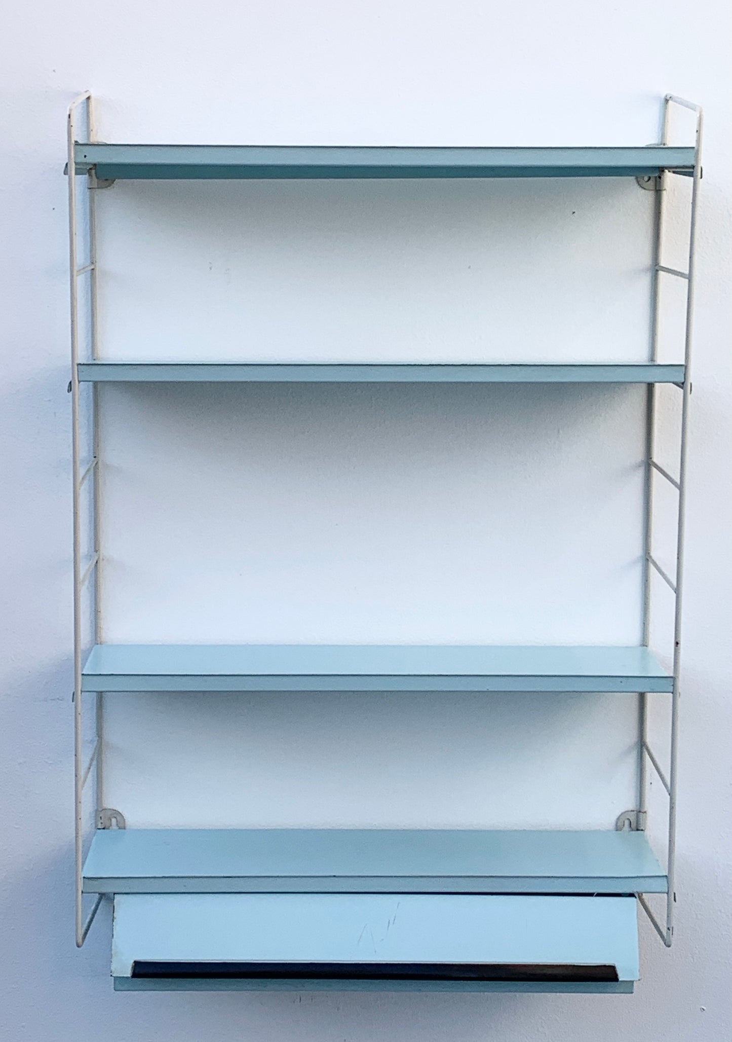 Mid Century Pale Blue Tomado Pocket Shelving Unit with Drawer