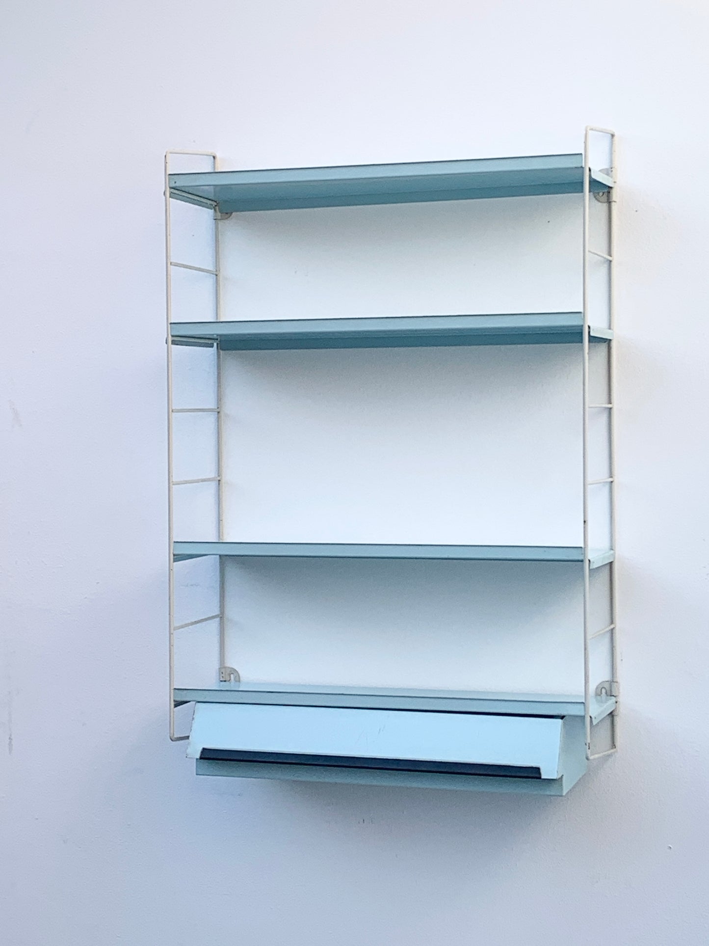 Mid Century Pale Blue Tomado Pocket Shelving Unit with Drawer