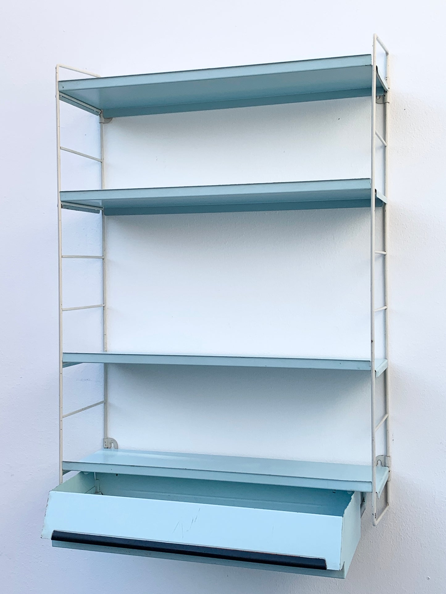 Mid Century Pale Blue Tomado Pocket Shelving Unit with Drawer