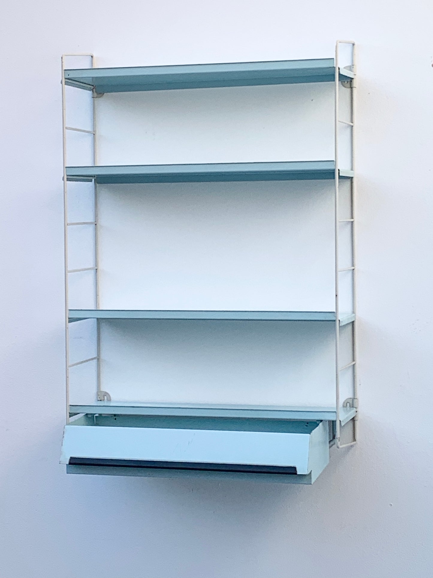 Mid Century Pale Blue Tomado Pocket Shelving Unit with Drawer