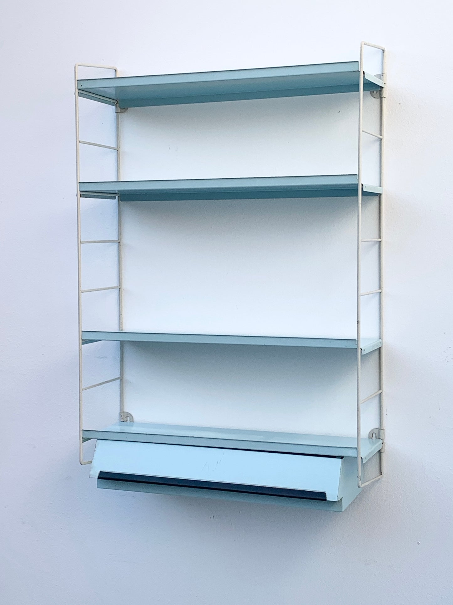 Mid Century Pale Blue Tomado Pocket Shelving Unit with Drawer