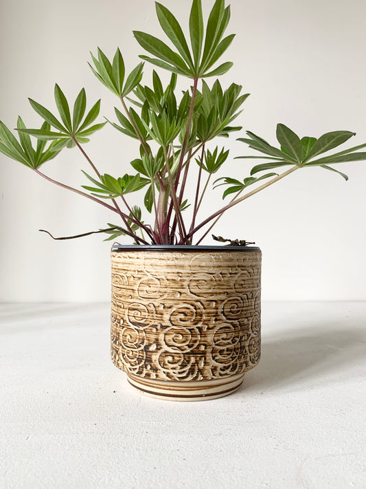 Mid Century Beige & Brown Striped Plant Pot