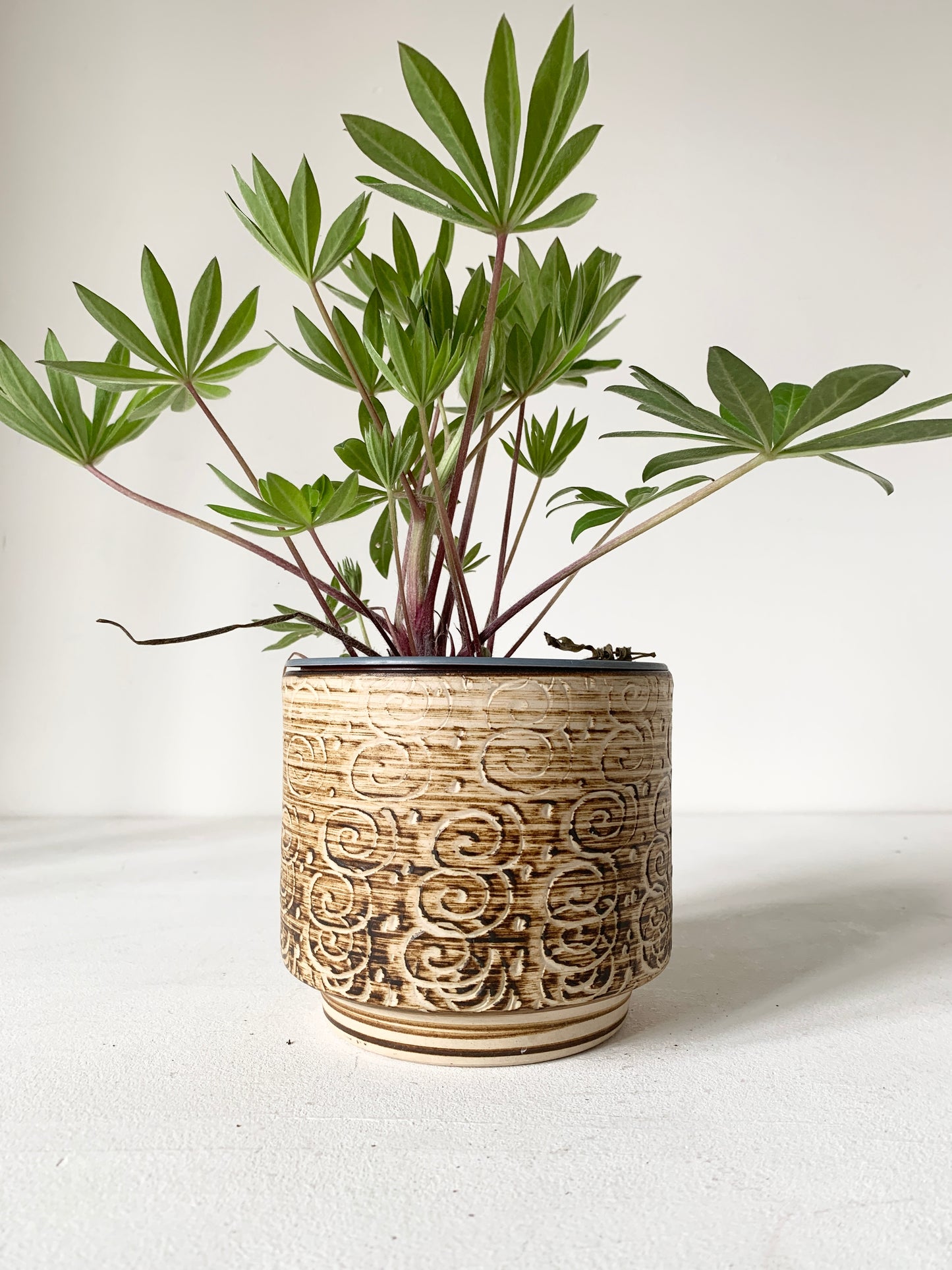 Mid Century Beige & Brown Striped Plant Pot