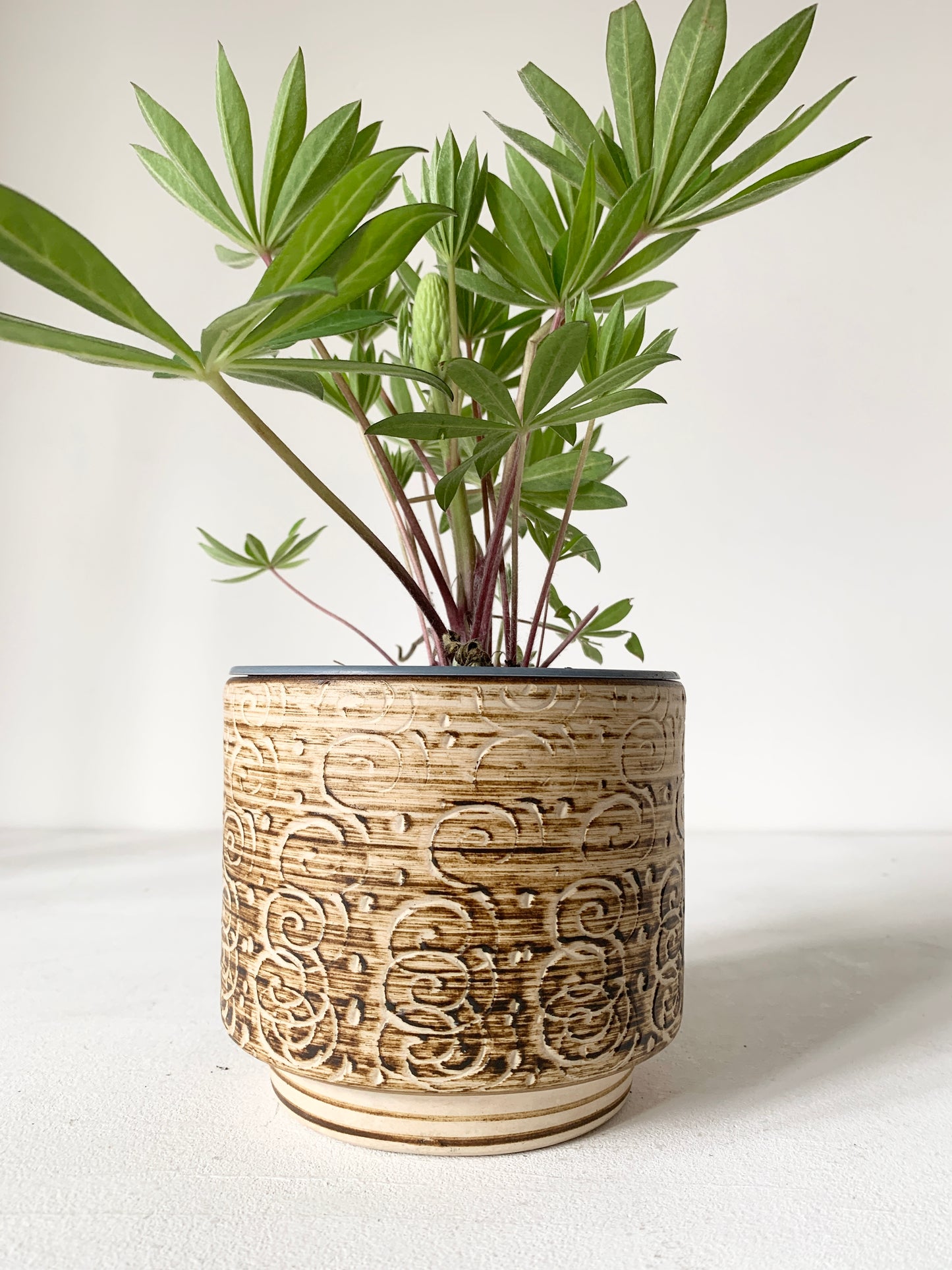 Mid Century Beige & Brown Striped Plant Pot