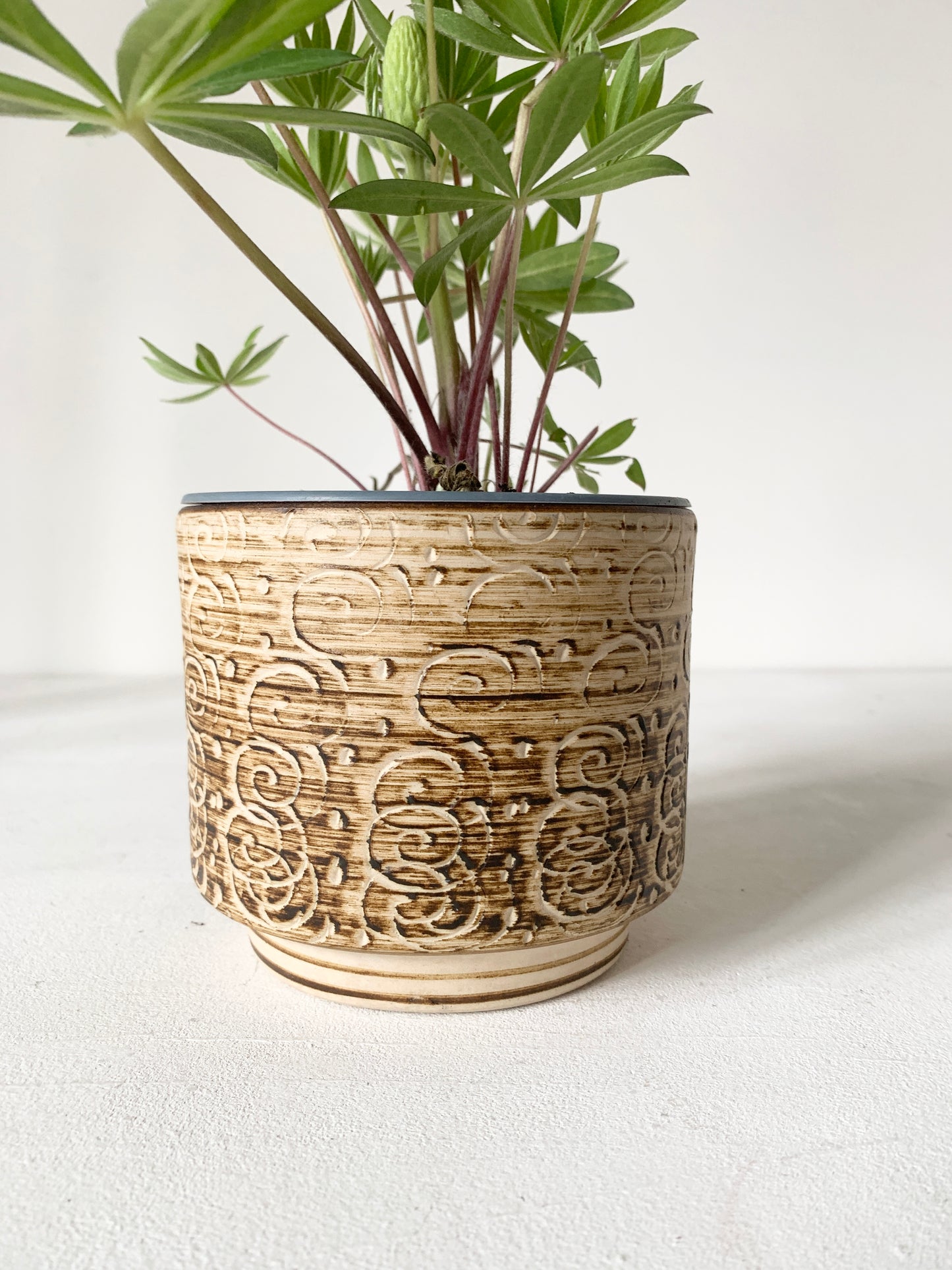Mid Century Beige & Brown Striped Plant Pot