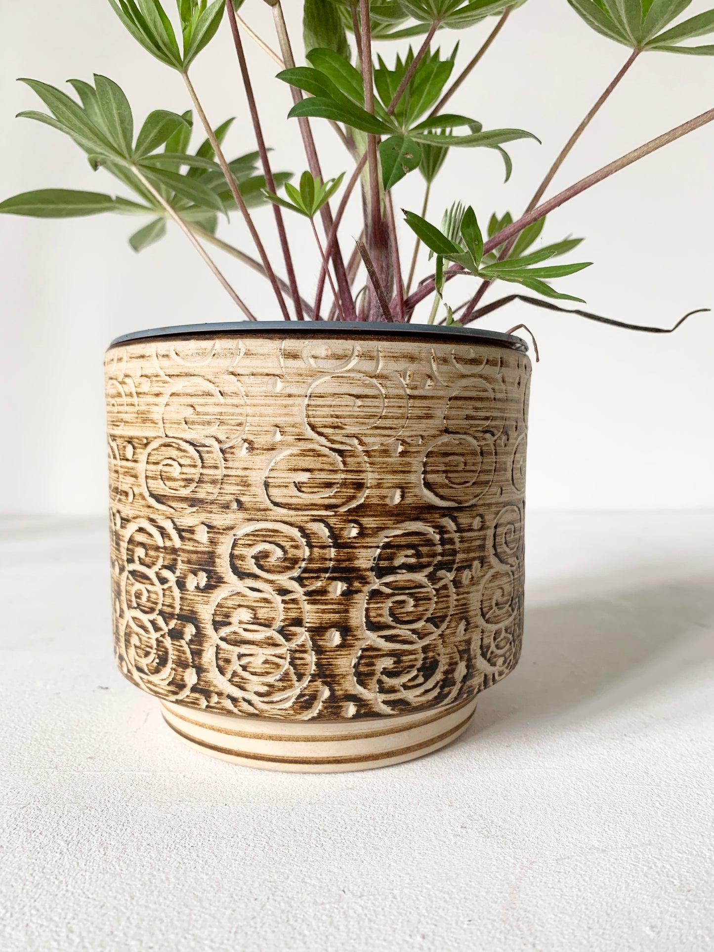 Mid Century Beige & Brown Striped Plant Pot