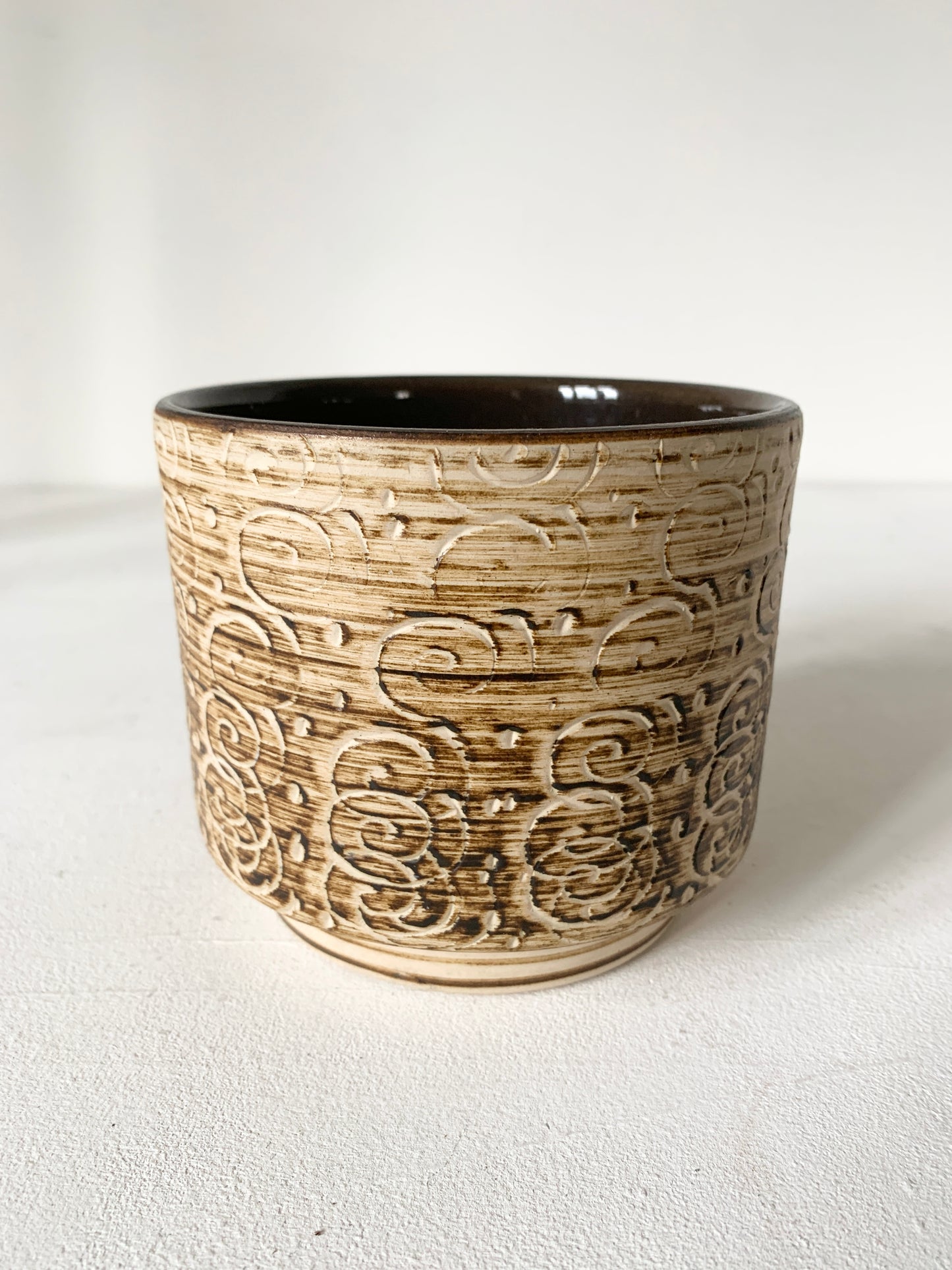 Mid Century Beige & Brown Striped Plant Pot