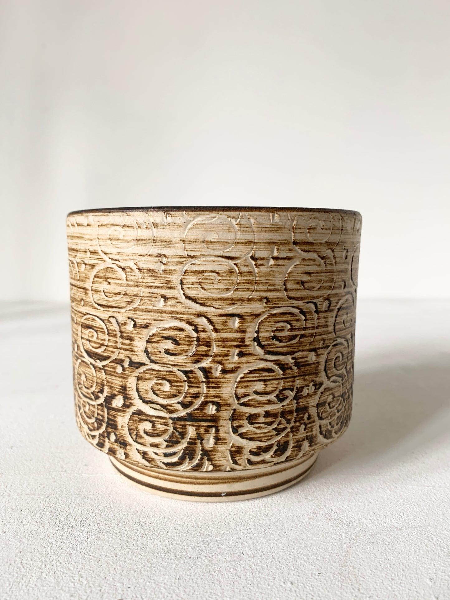 Mid Century Beige & Brown Striped Plant Pot