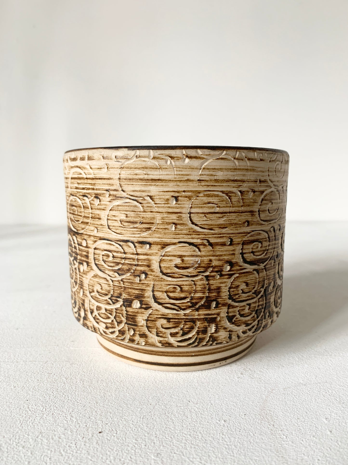 Mid Century Beige & Brown Striped Plant Pot