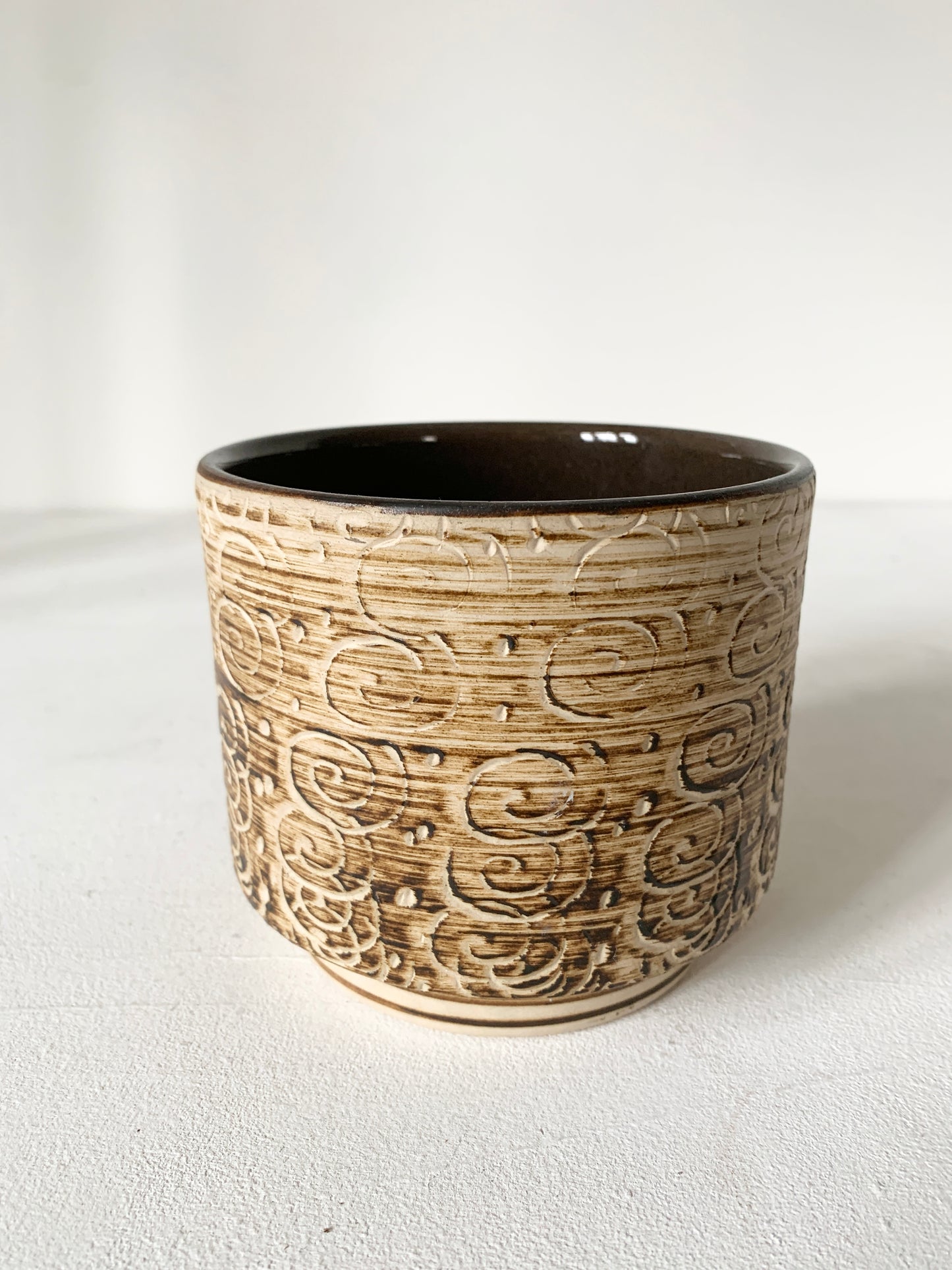 Mid Century Beige & Brown Striped Plant Pot