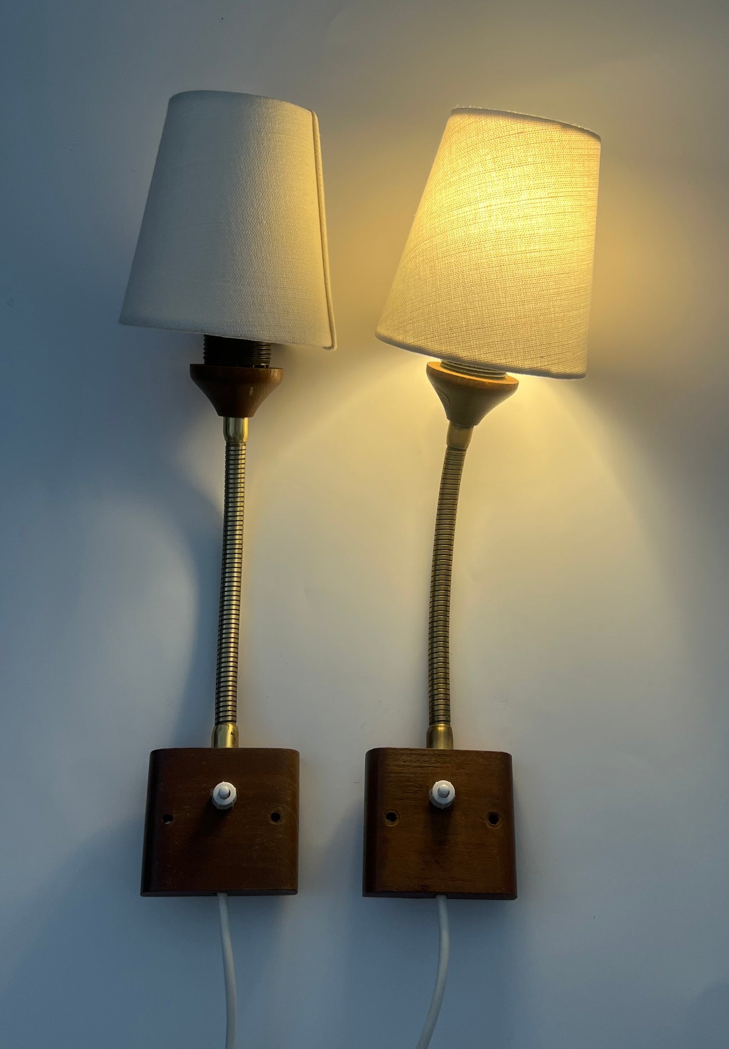 Vintage Mid Century Scandinavian Teak & Brass Pair Of Wall Lights