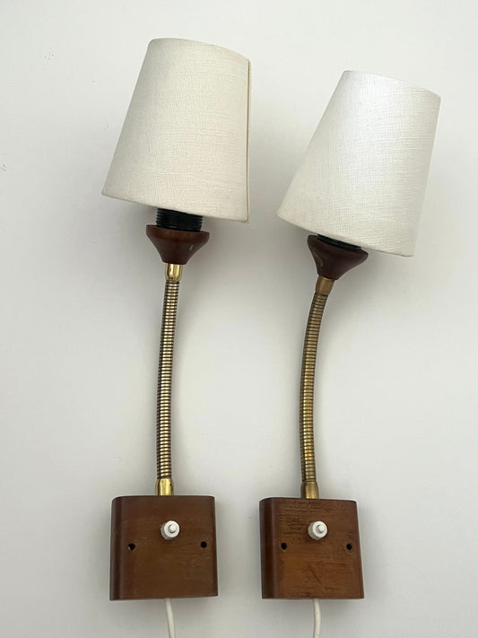 Vintage Mid Century Scandinavian Teak & Brass Pair Of Wall Lights