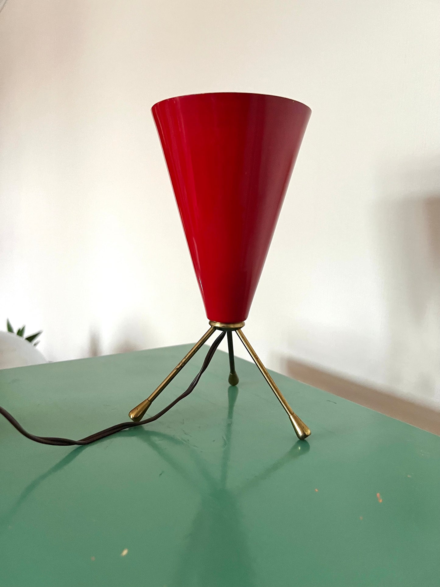 Vintage Mid Century Italian Red & Brass Tripod Table Lamp