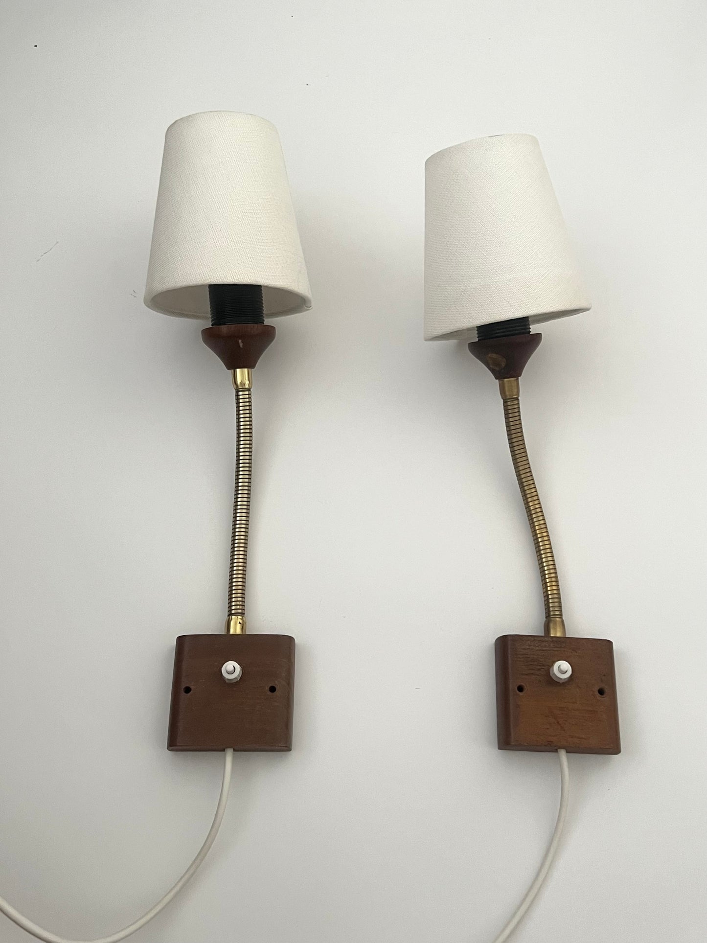 Vintage Mid Century Scandinavian Teak & Brass Pair Of Wall Lights