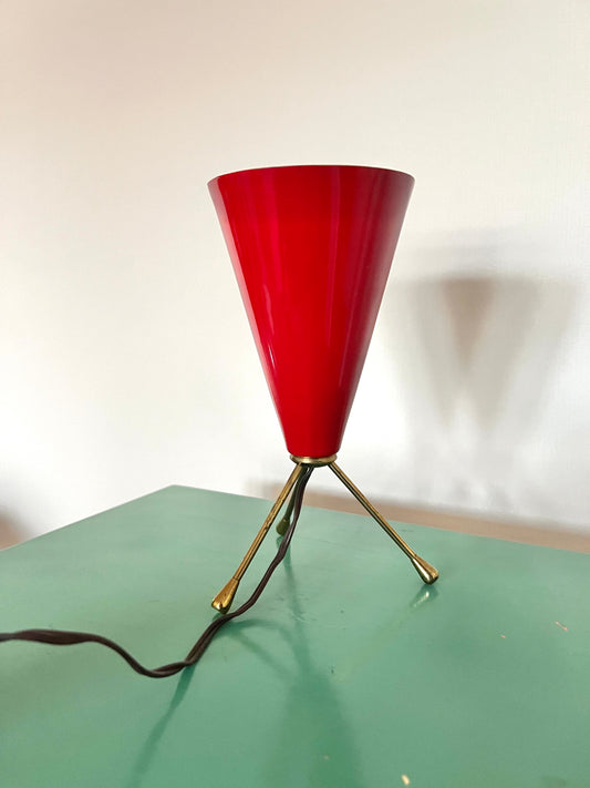 Vintage Mid Century Italian Red & Brass Tripod Table Lamp