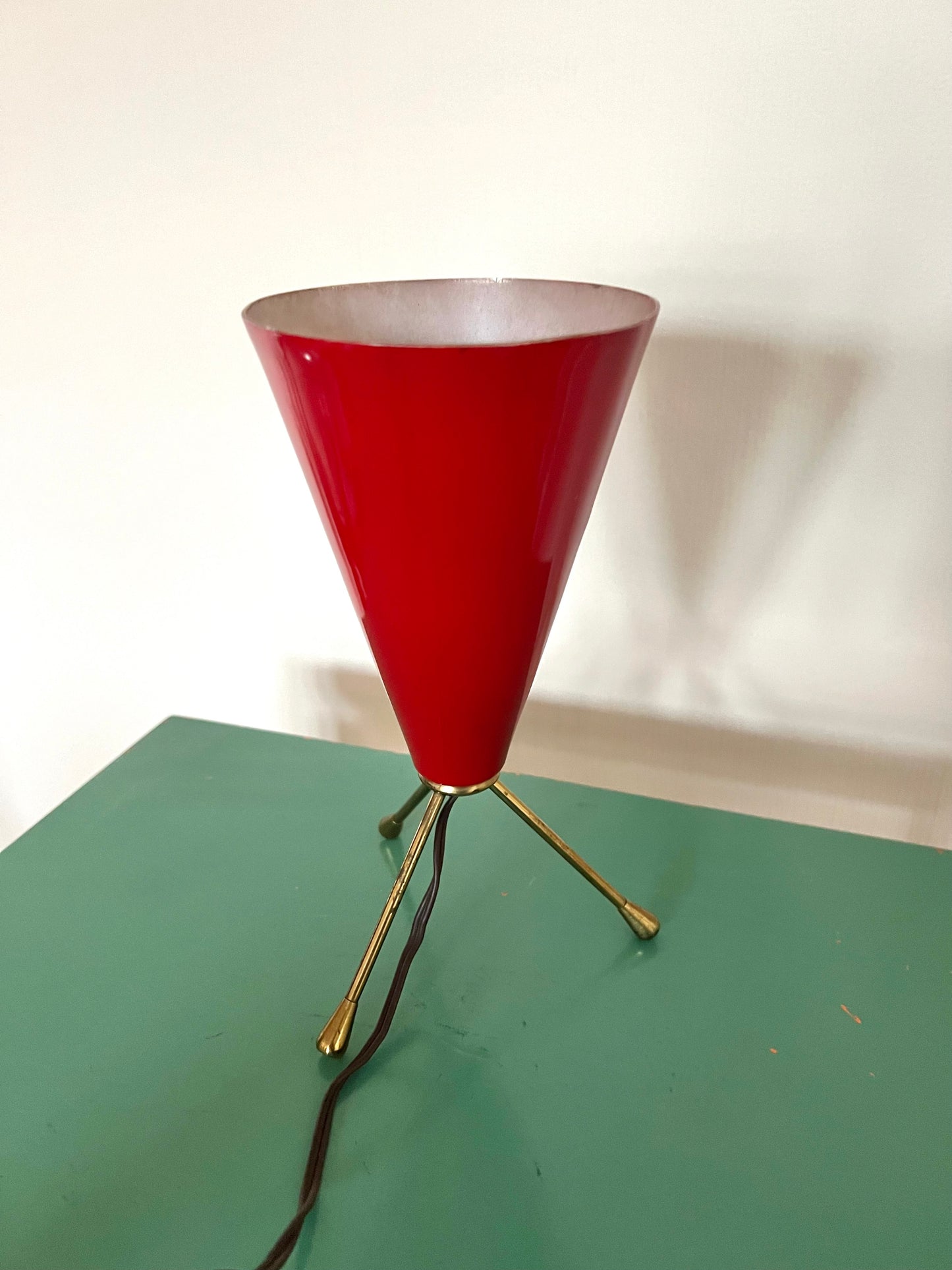 Vintage Mid Century Italian Red & Brass Tripod Table Lamp