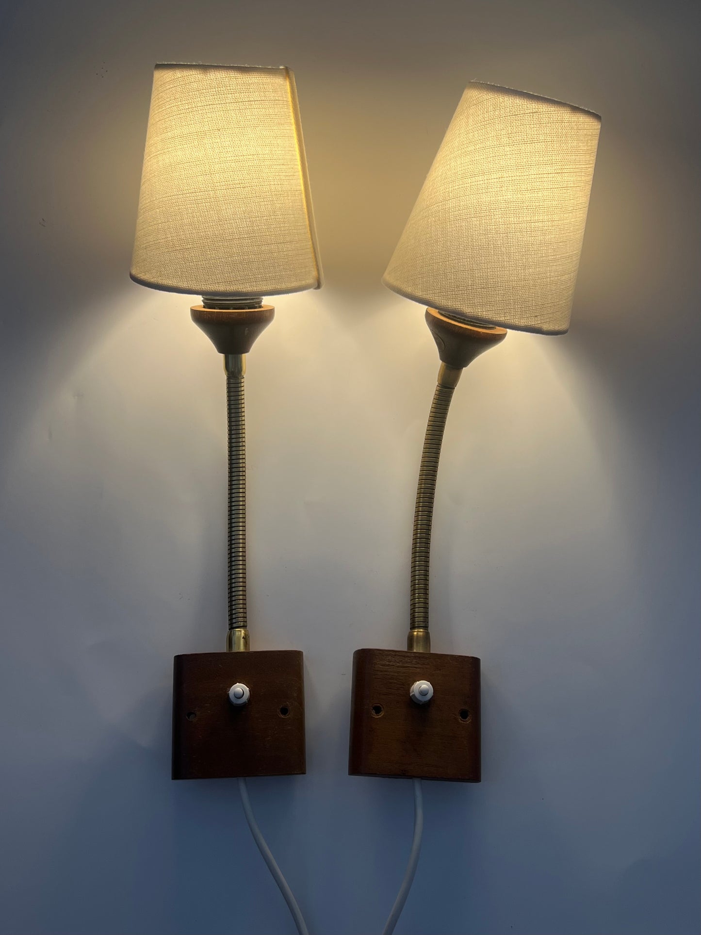 Vintage Mid Century Scandinavian Teak & Brass Pair Of Wall Lights