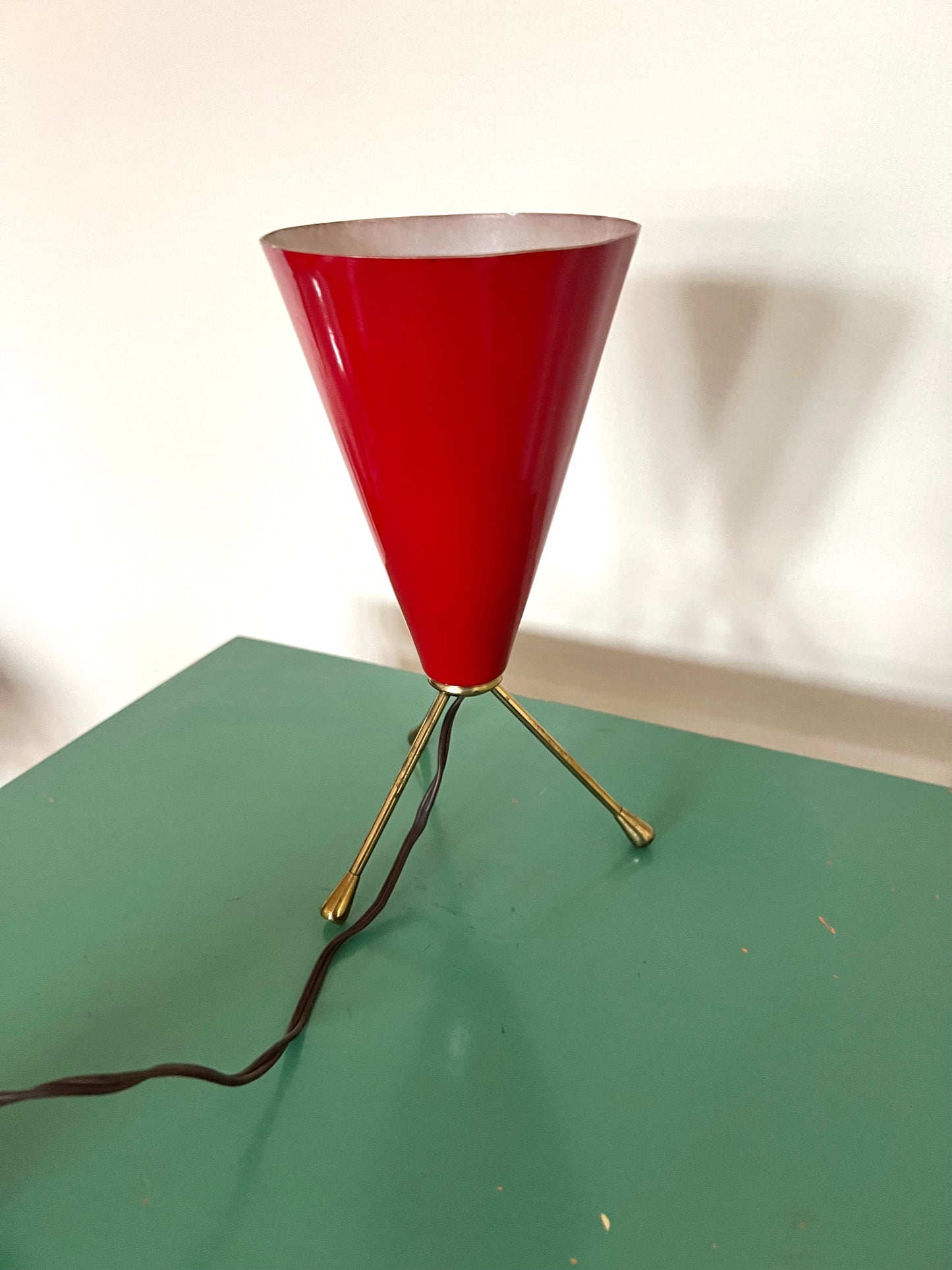 Vintage Mid Century Italian Red & Brass Tripod Table Lamp