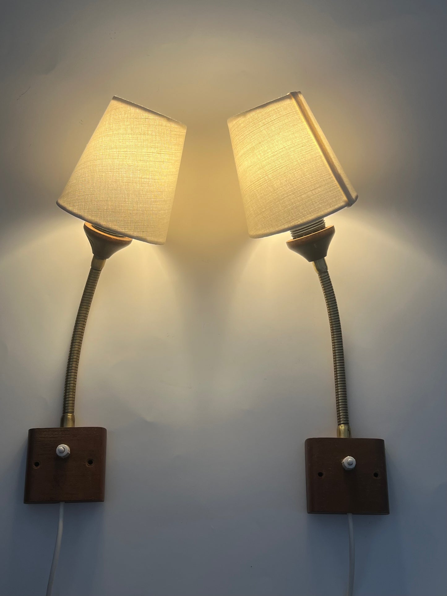 Vintage Mid Century Scandinavian Teak & Brass Pair Of Wall Lights