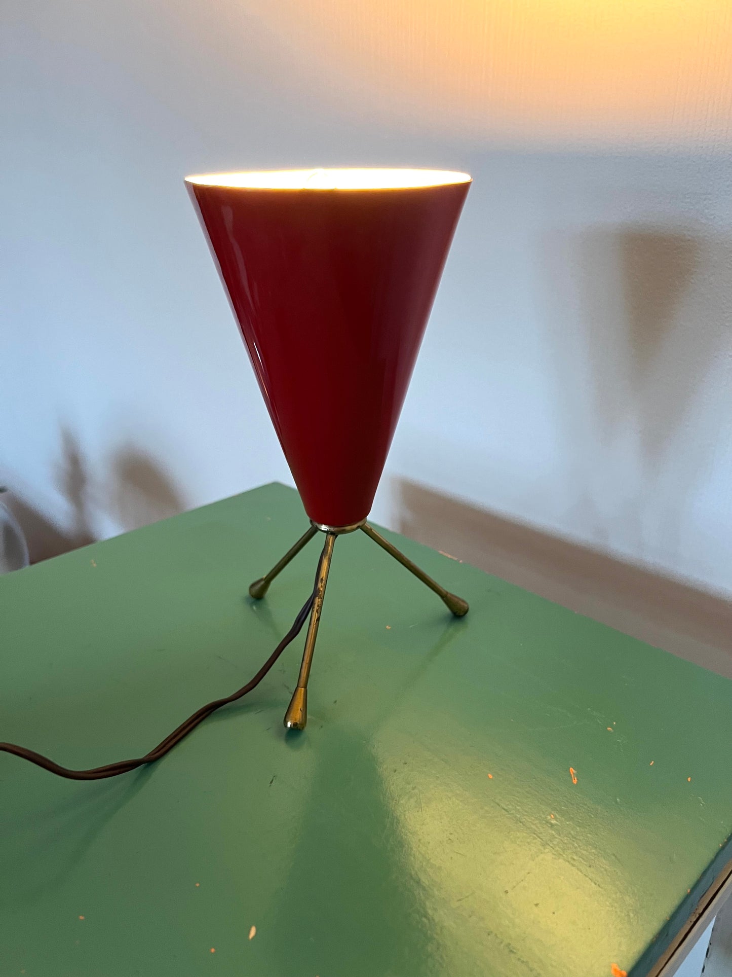 Vintage Mid Century Italian Red & Brass Tripod Table Lamp