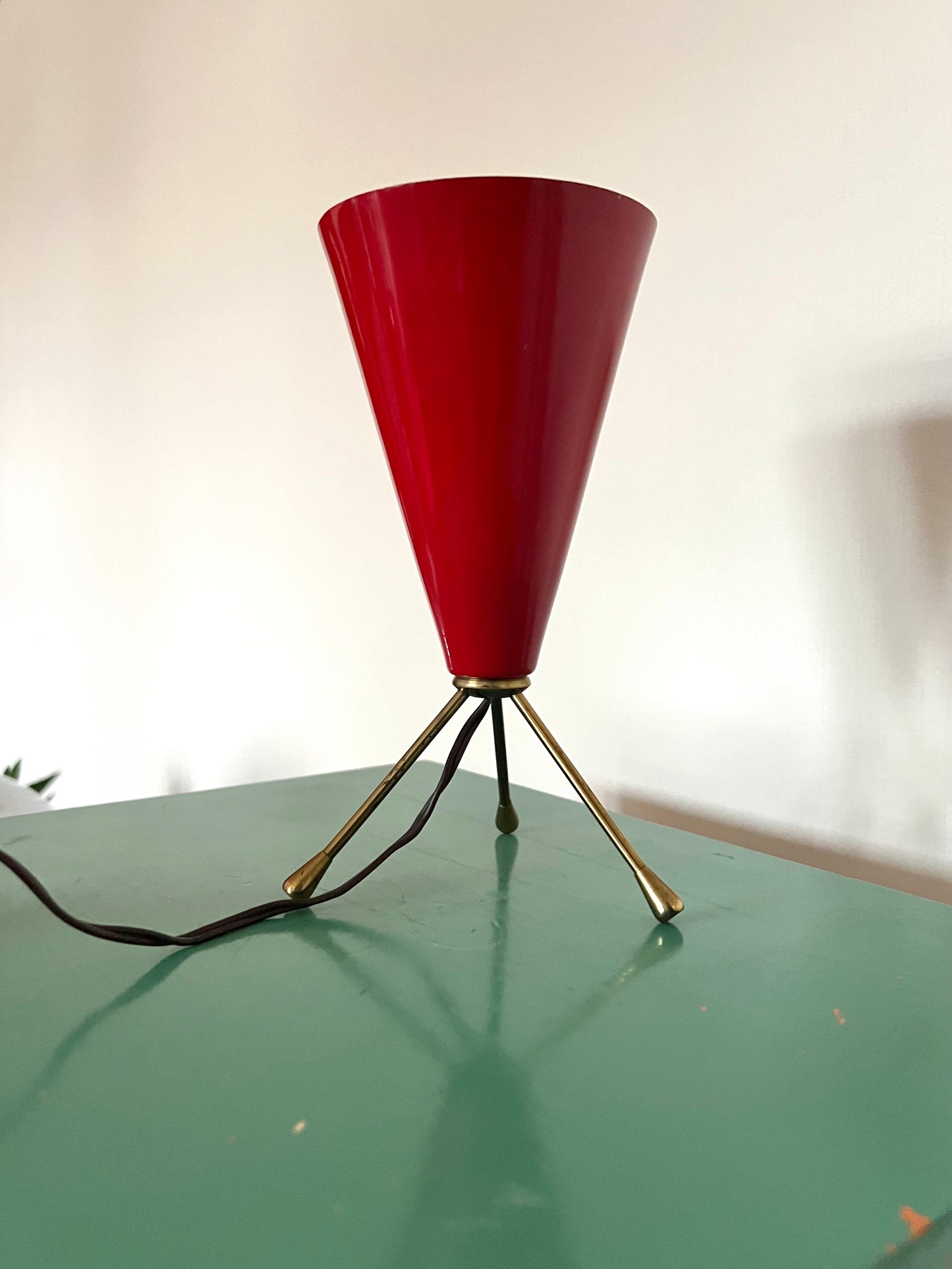 Vintage Mid Century Italian Red & Brass Tripod Table Lamp