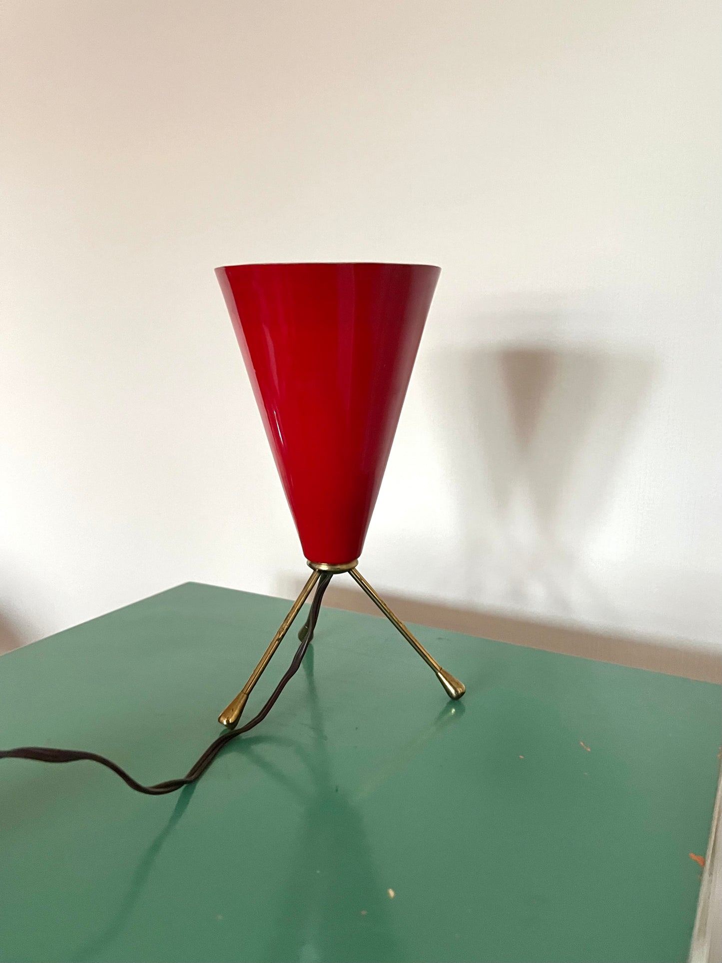 Vintage Mid Century Italian Red & Brass Tripod Table Lamp