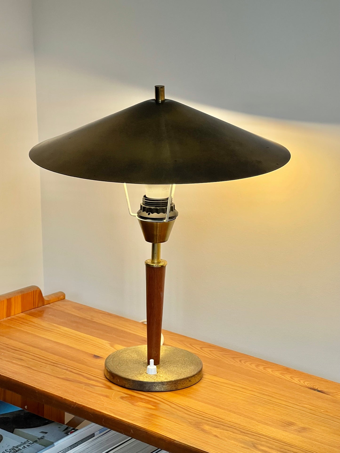 Mid Century Modern Danish Brass & Teak Table Lamp