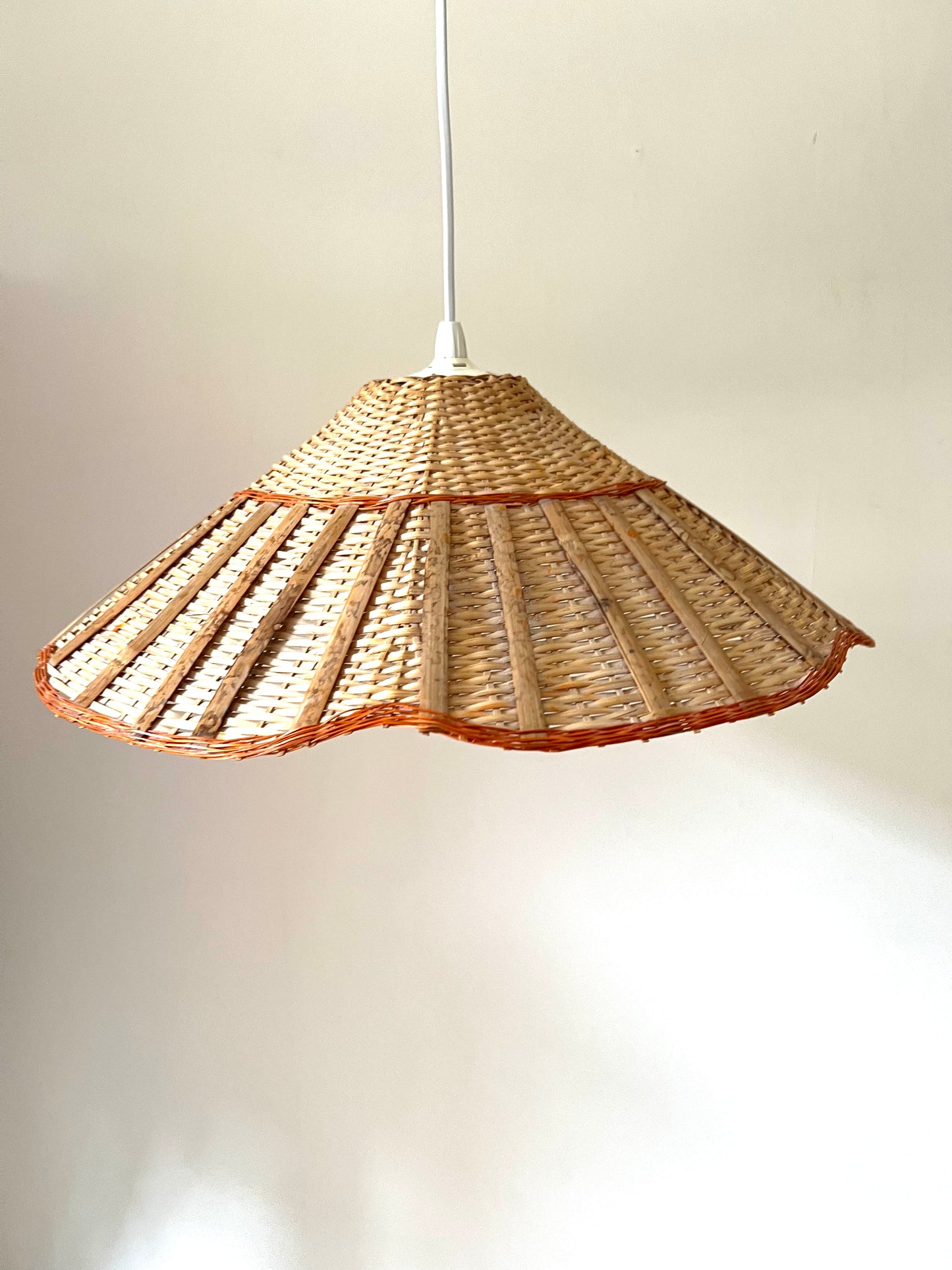 Mid Century Rattan & Wicker Large Pendant Scalloped Lampshade