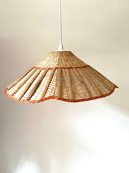 Mid Century Rattan & Wicker Large Pendant Scalloped Lampshade