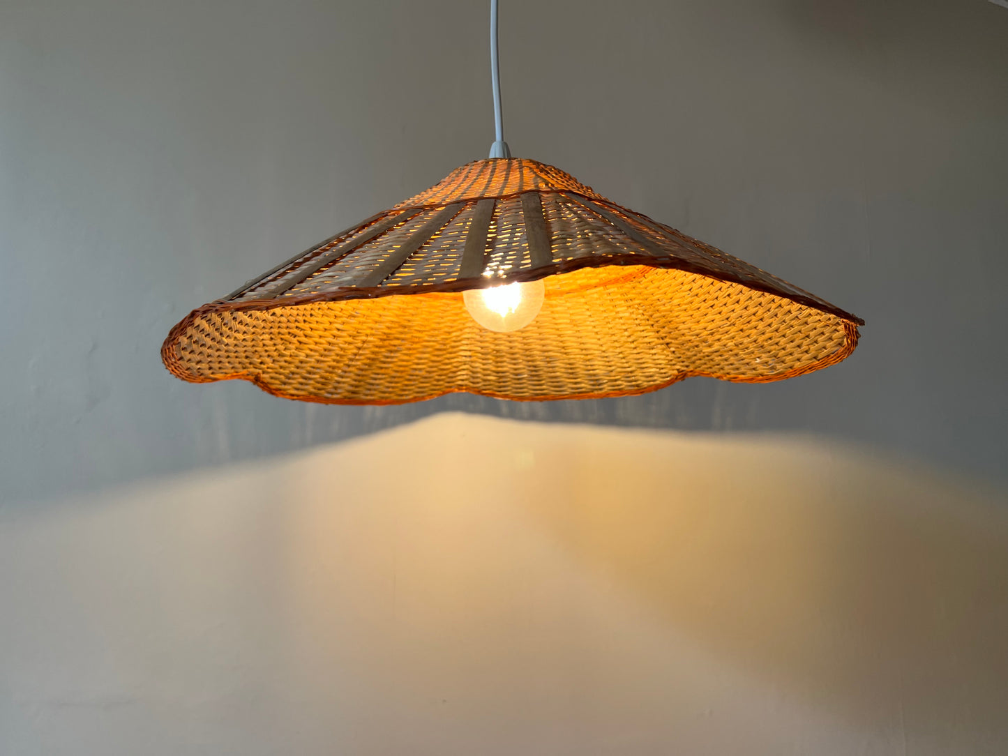 Mid Century Rattan & Wicker Large Pendant Scalloped Lampshade