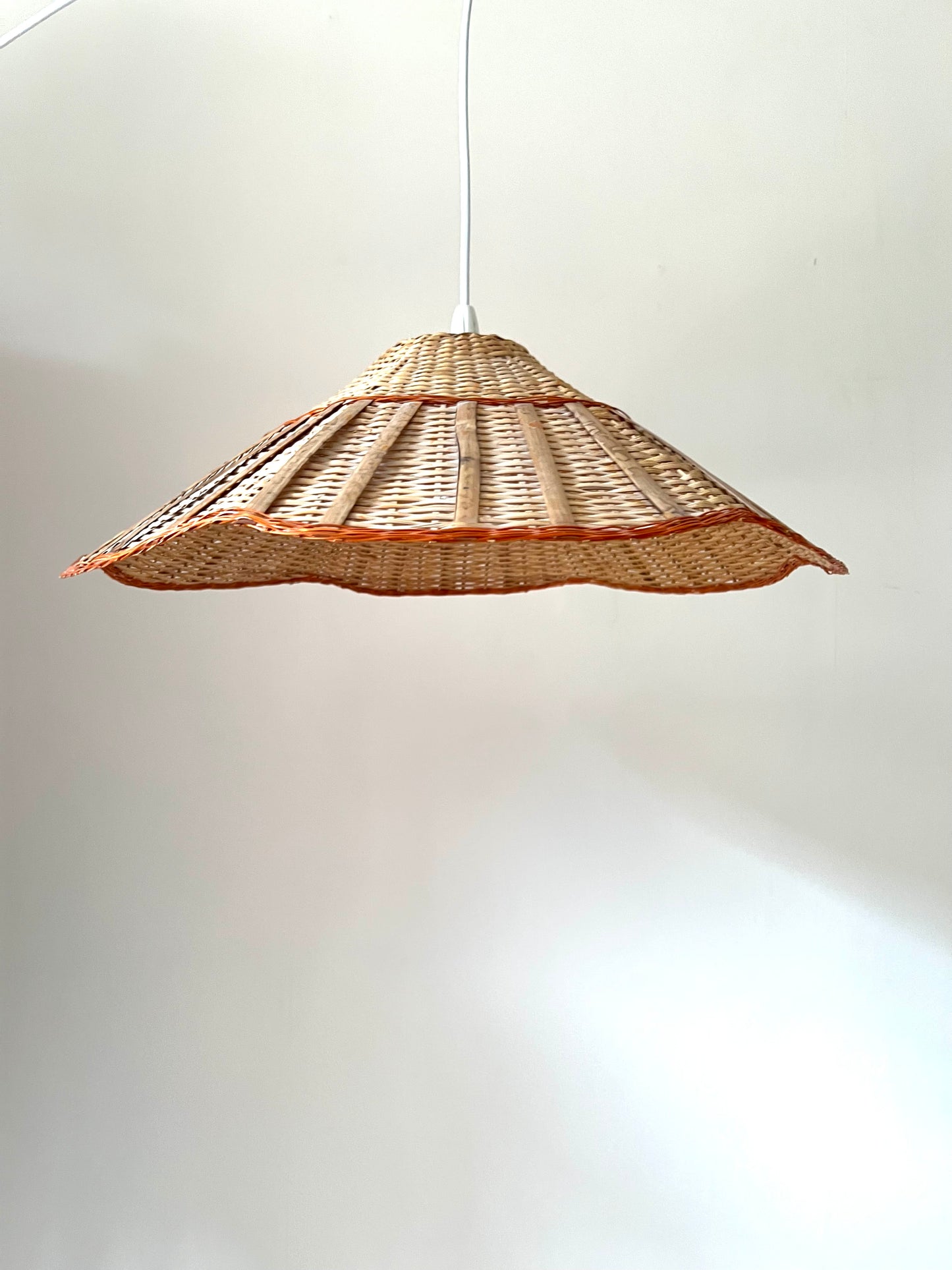 Mid Century Rattan & Wicker Large Pendant Scalloped Lampshade