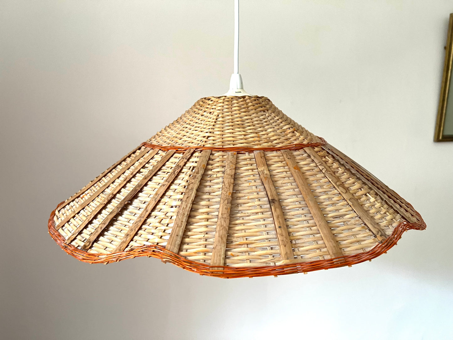 Mid Century Rattan & Wicker Large Pendant Scalloped Lampshade