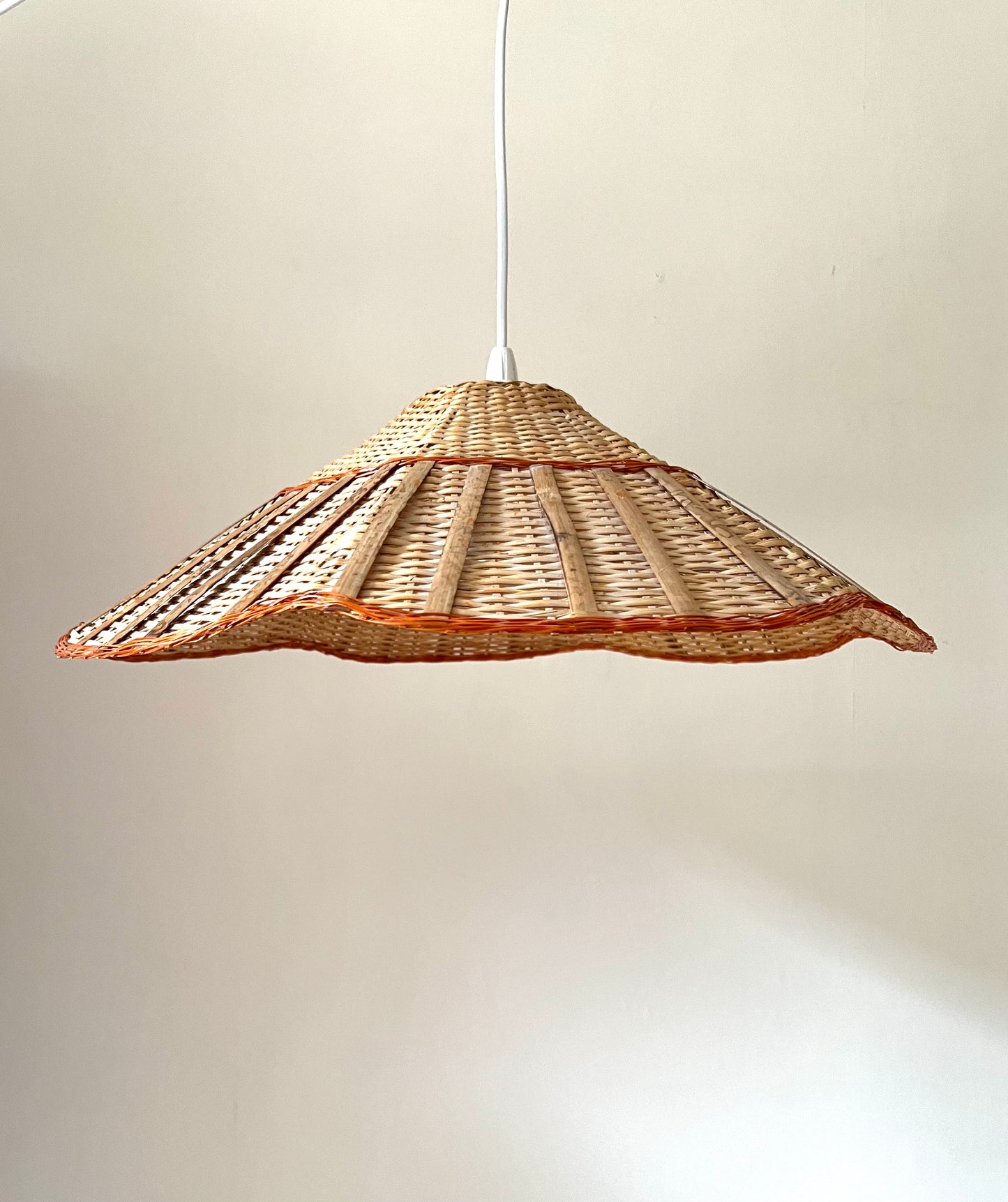 Mid Century Rattan & Wicker Large Pendant Scalloped Lampshade