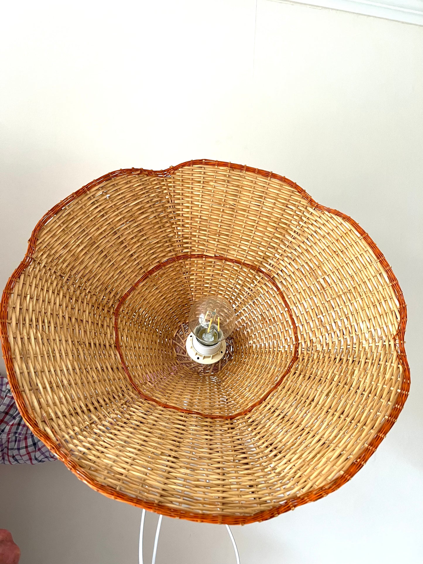 Mid Century Rattan & Wicker Large Pendant Scalloped Lampshade