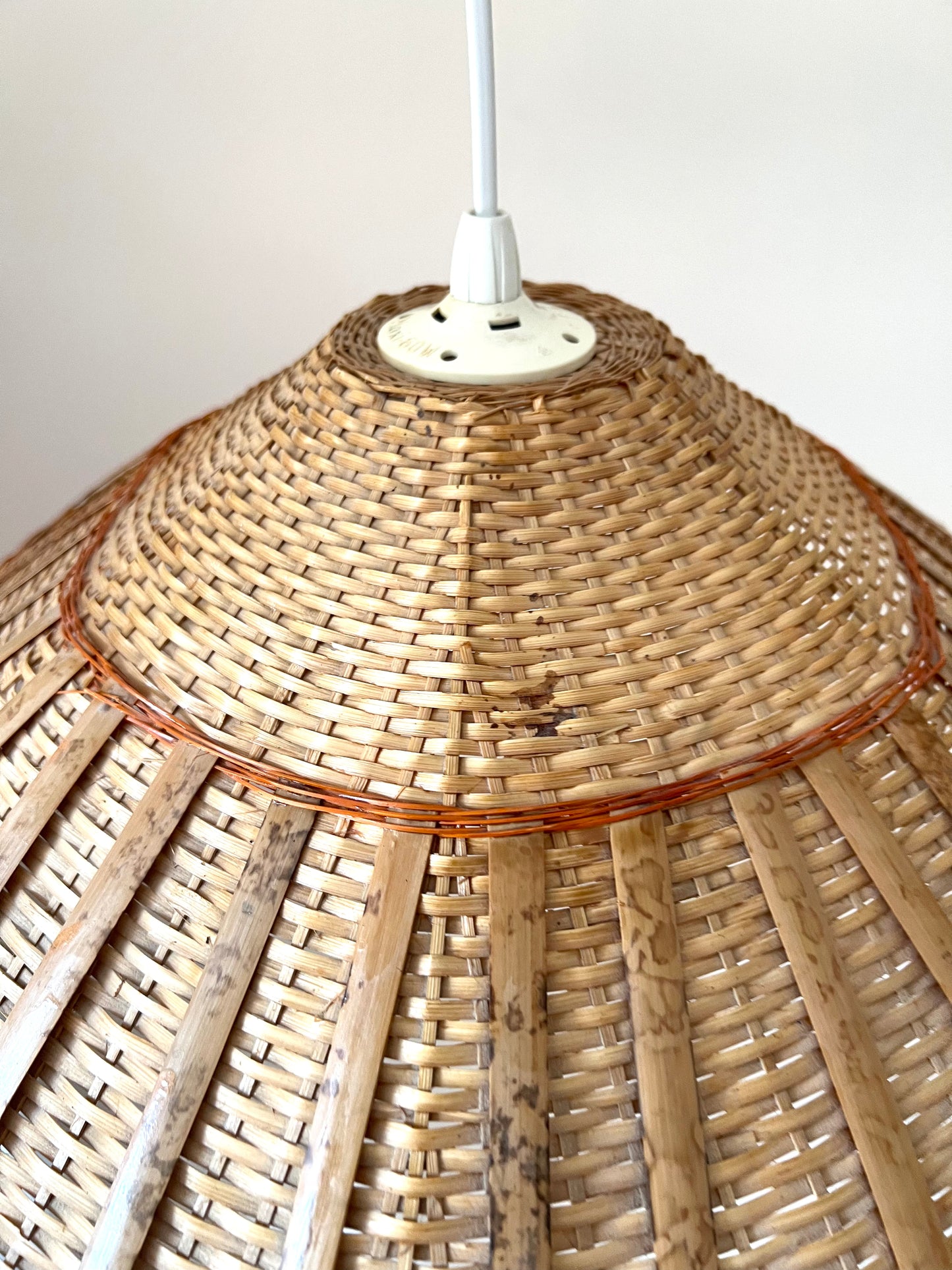 Mid Century Rattan & Wicker Large Pendant Scalloped Lampshade