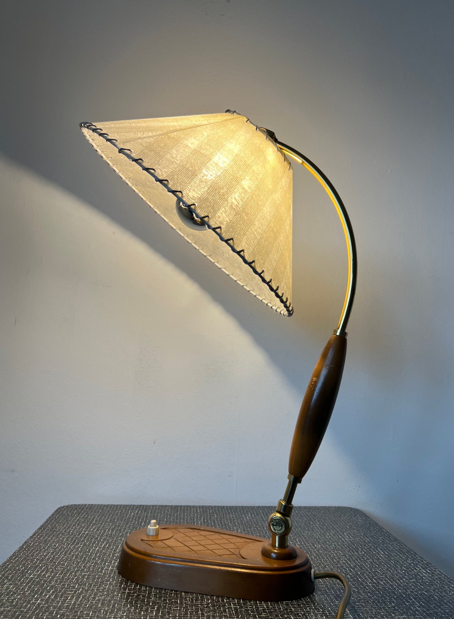 Mid Century Brass & Wood Table Lamp by Temde Leuchten