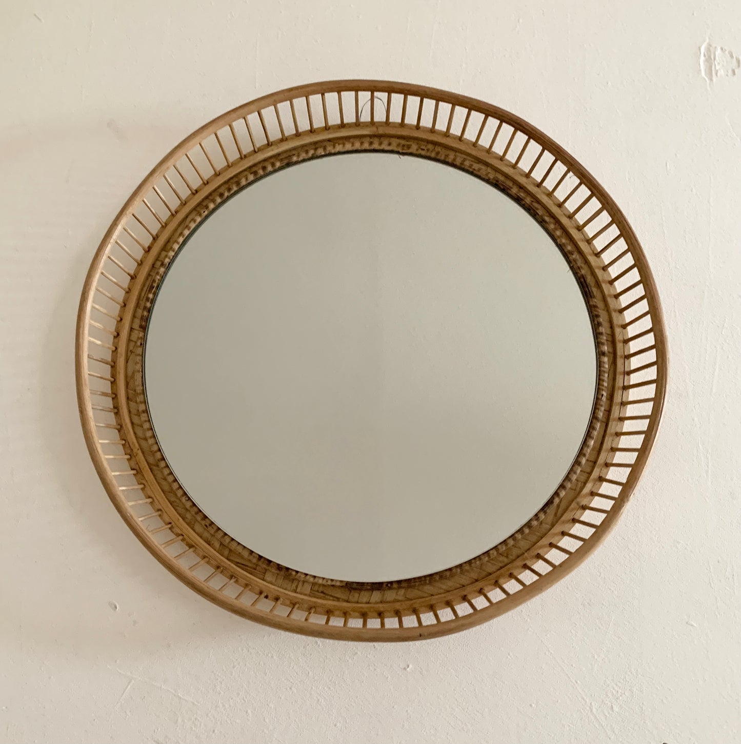 Mid Century Rattan & Cane Round Wall Mirror