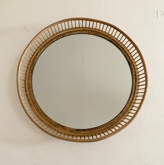 Mid Century Rattan & Cane Round Wall Mirror