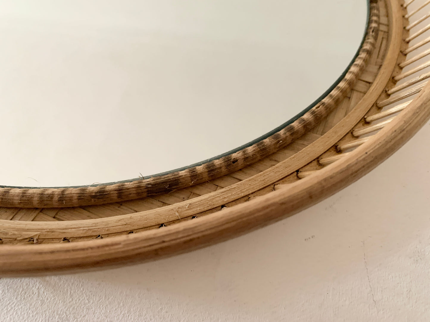 Mid Century Rattan & Cane Round Wall Mirror