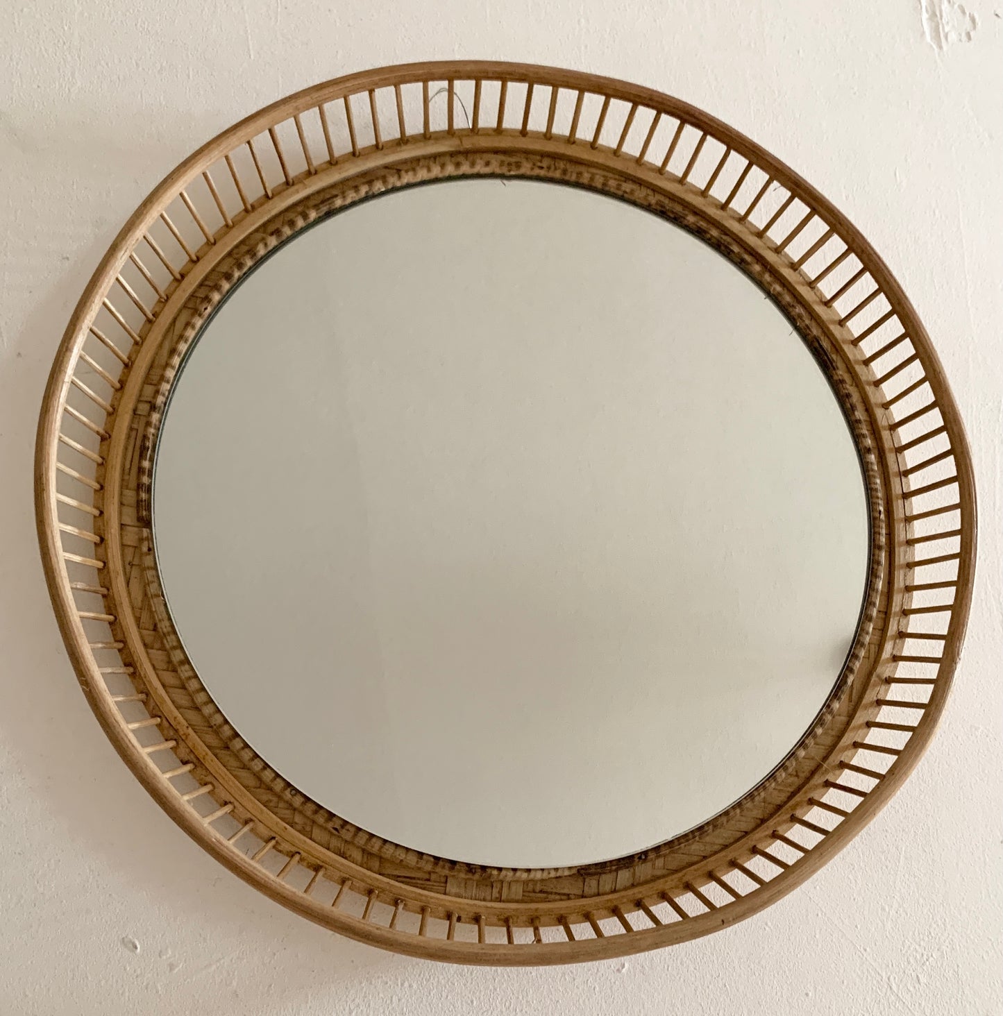 Mid Century Rattan & Cane Round Wall Mirror