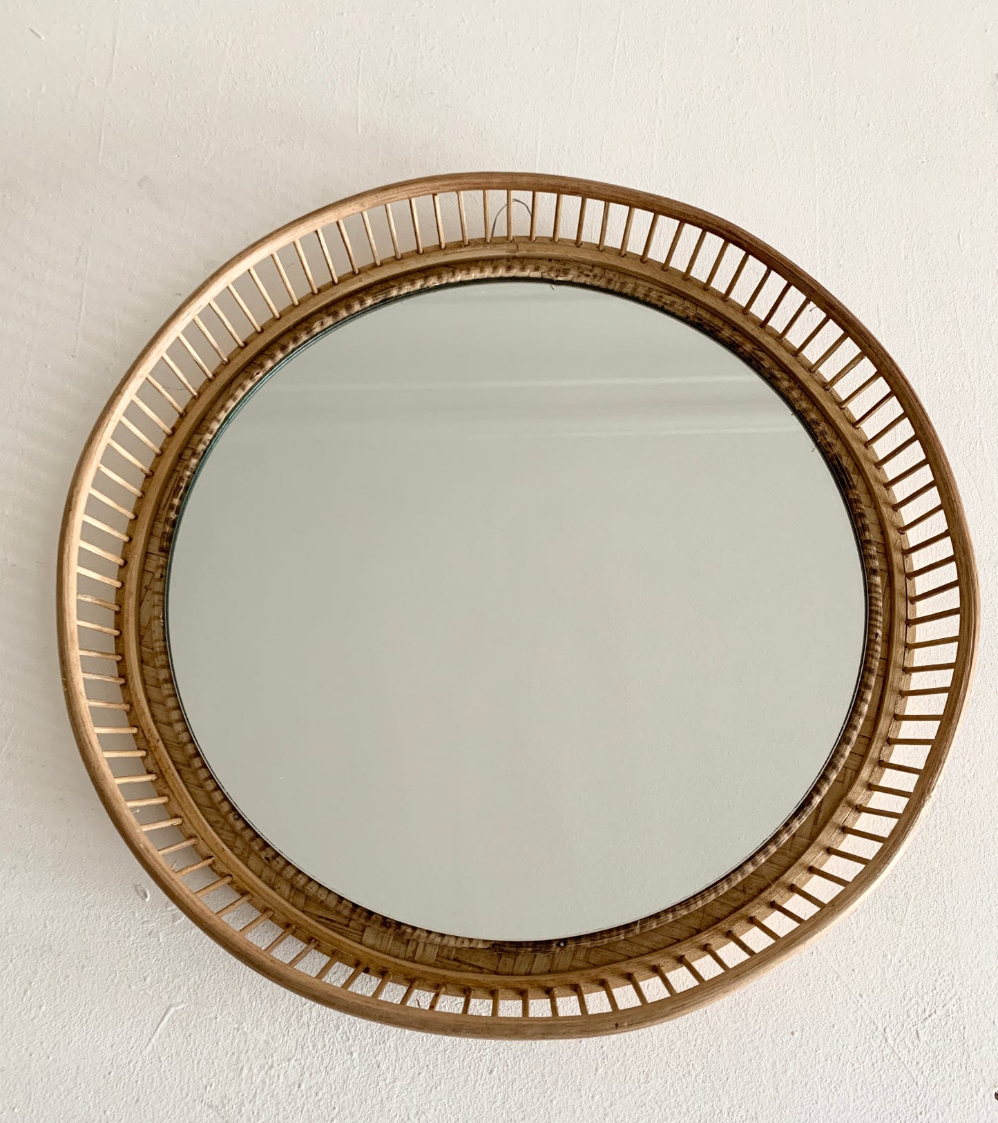 Mid Century Rattan & Cane Round Wall Mirror