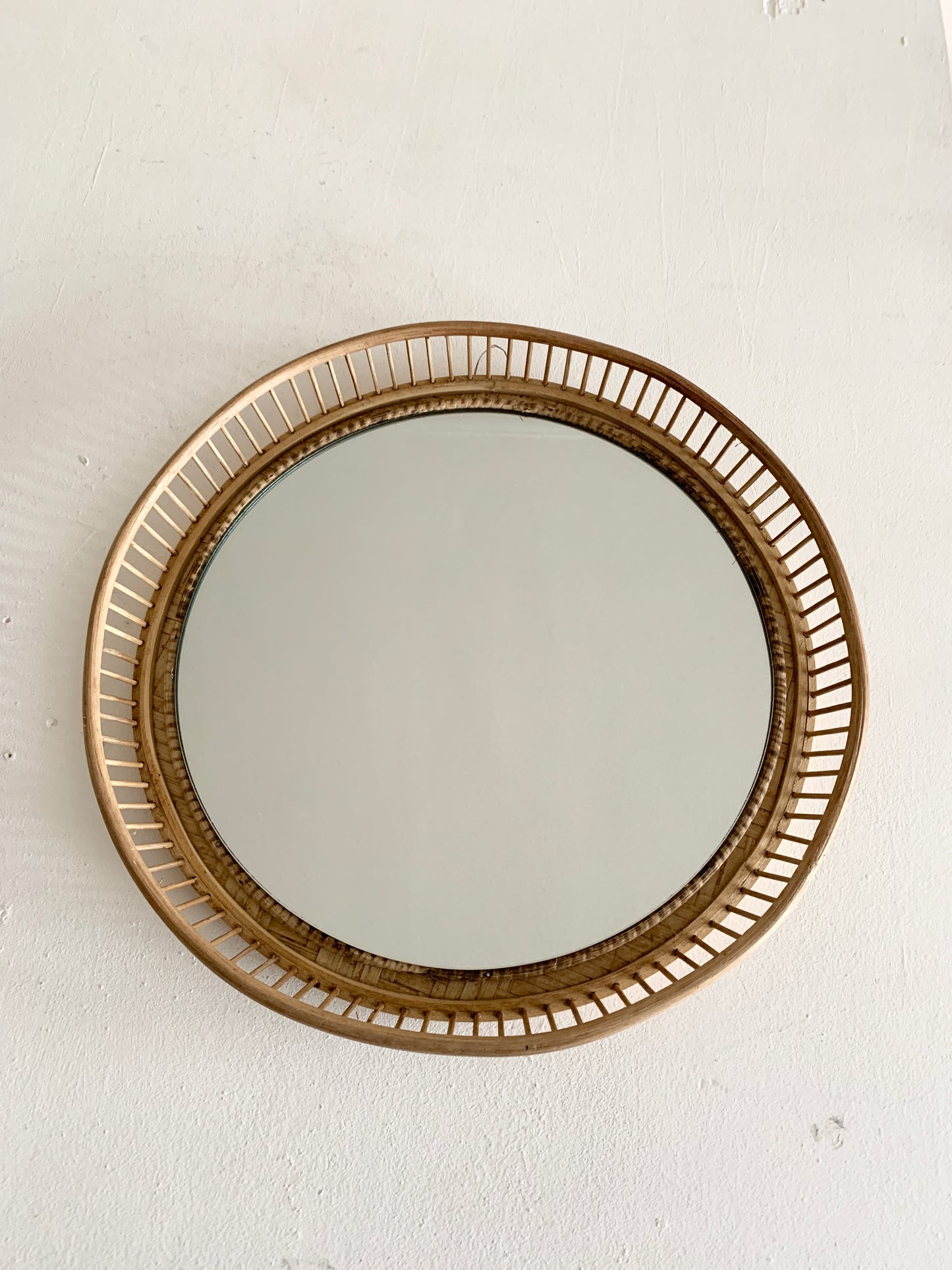 Mid Century Rattan & Cane Round Wall Mirror