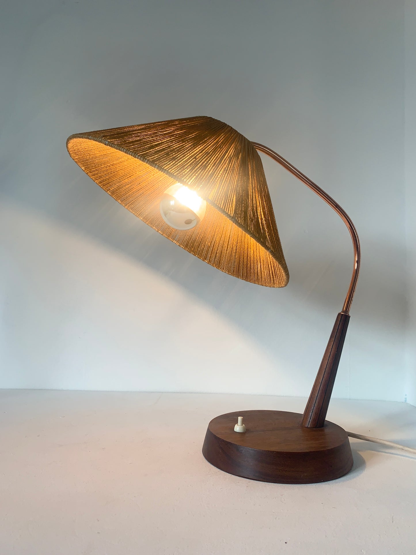 Mid Century Raffia and Teak Desk Lamp by Temde