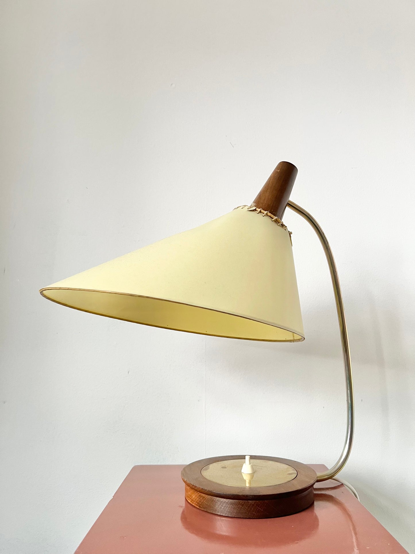 Mid century modern brass & teak table lamp