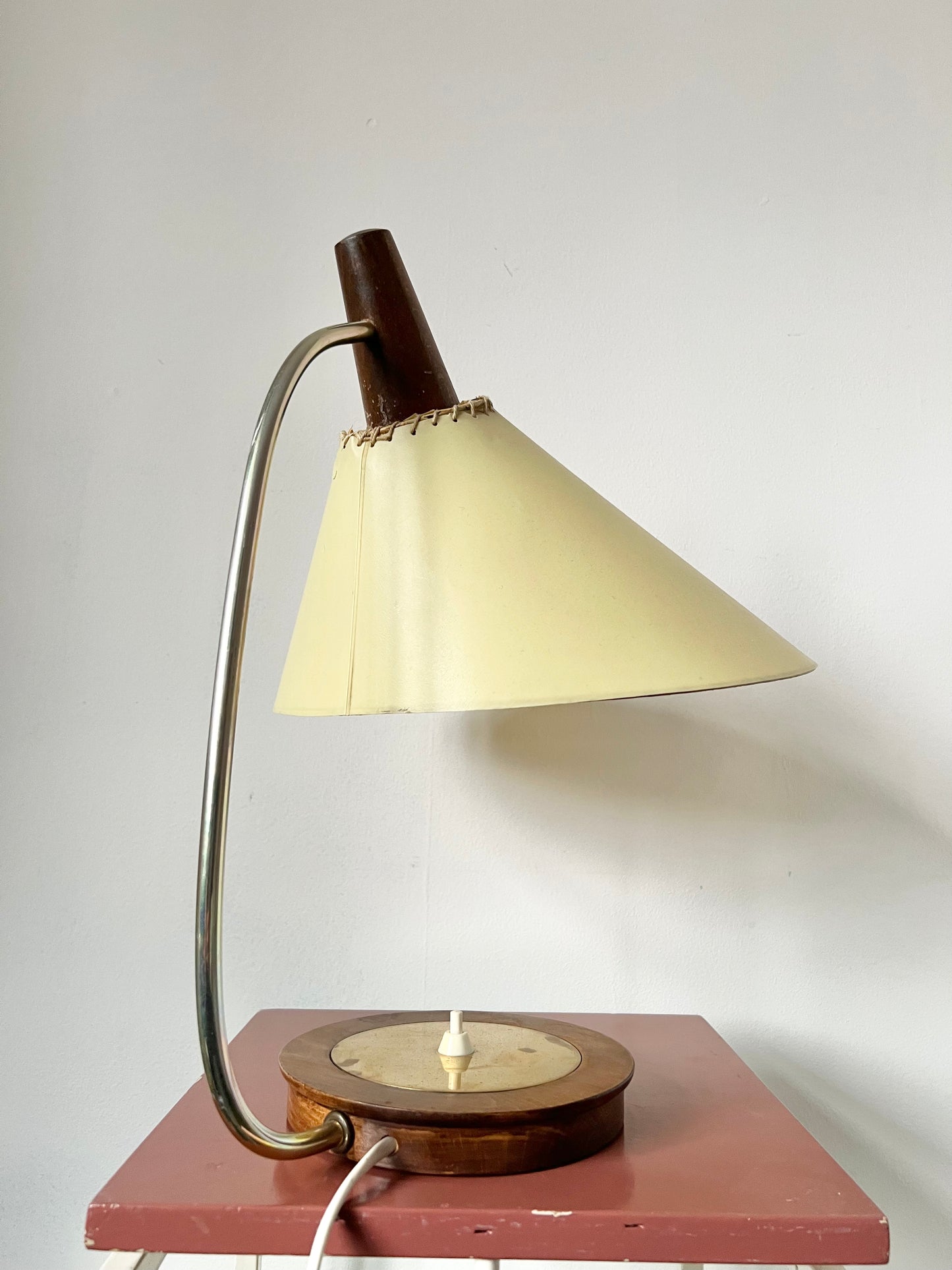 Mid century modern brass & teak table lamp